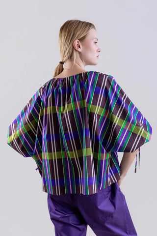 Retro Prism Blouse w/ Ruched Neck & Puff Sleeves