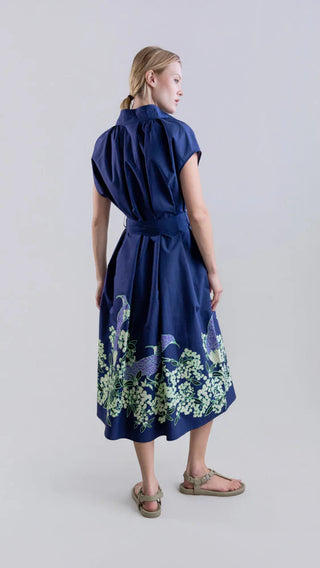 Sculptural Shirt-Inspired Midi Dress w/ Peacock Bloom Print