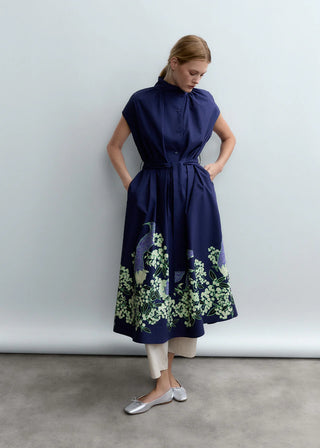 Sculptural Shirt-Inspired Midi Dress w/ Peacock Bloom Print