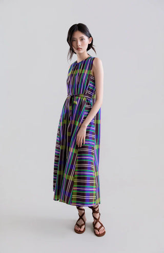 Retro Prism Long Sleeveless Dress w/ Side Asymmetry