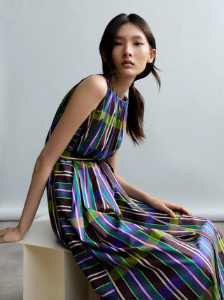 Retro Prism Long Sleeveless Dress w/ Side Asymmetry