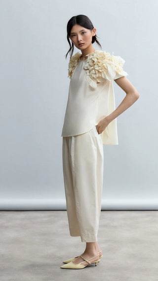 Poplin Short-Sleeve Top w/ Embellished Sleeves