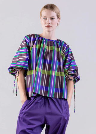 Retro Prism Blouse w/ Ruched Neck & Puff Sleeves