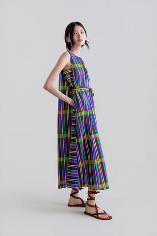 Retro Prism Long Sleeveless Dress w/ Side Asymmetry