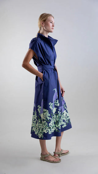 Sculptural Shirt-Inspired Midi Dress w/ Peacock Bloom Print